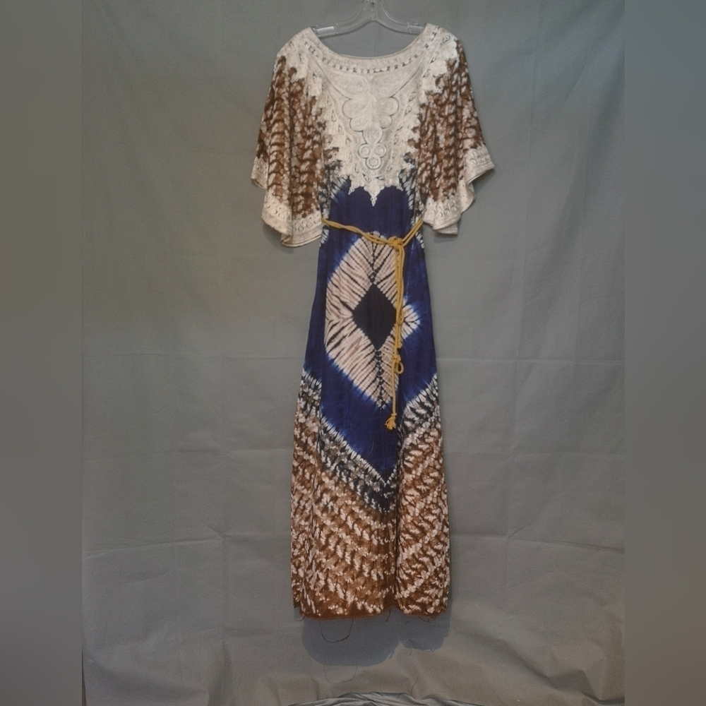 Vintage 70s Afro-centric heirloom robe wax print embroidered maxi length caftan - Picture 6 of 15